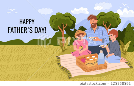 Father, Daughter and Son on picnic. Happy Father s Day concept. Father, Daughter and Son on picnic. Happy Father s Day concept. 125558591