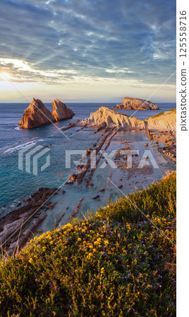Blossoming Arnia Beach (Spain) Atlantic Ocean evening coastline landscape. Blossoming Arnia Beach (Spain) Atlantic Ocean evening coastline landscape. 125558716