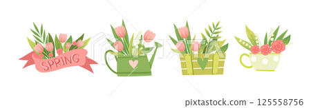 Spring Flower and Blooming Garden Flora Composition Vector Set 125558756