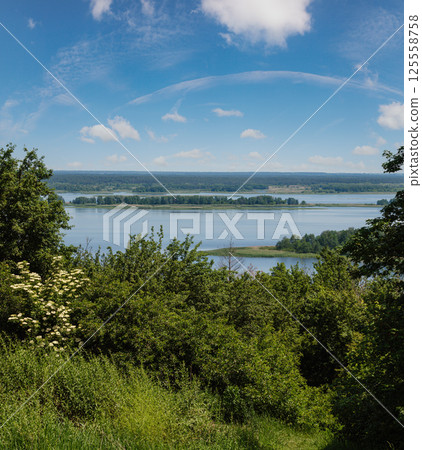 Dnipro river blossoming shores summer landscape, Kaniv water Reservoir, Kyiv Region, Ukraine. 125558758