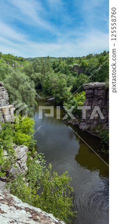 Buky Canyon summer landscape, Hirskyi Tikych river, Cherkasy Region, Ukraine. Buky Canyon summer landscape, Hirskyi Tikych river, Cherkasy Region, Ukraine. 125558760