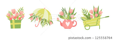 Spring Flower and Blooming Garden Flora Composition Vector Set 125558764