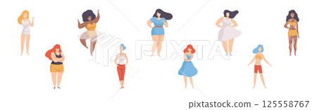 Pretty Body Positive Woman in Standing Pose Vector Set 125558767