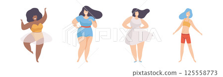 Pretty Body Positive Woman in Standing Pose Vector Set Pretty Body Positive Woman in Standing Pose Vector Set 125558773