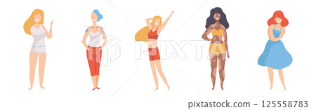 Pretty Body Positive Woman in Standing Pose Vector Set 125558783