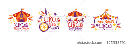 Circus Show Bright Logo and Label Design Vector Set 125558791