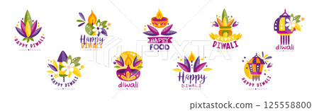Happy Diwali Logo and Label Bright Design Vector Set Happy Diwali Logo and Label Bright Design Vector Set 125558800