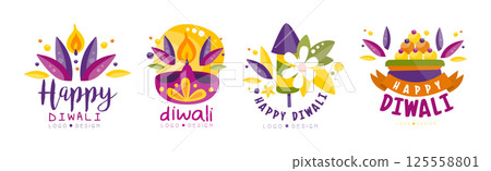 Happy Diwali Logo and Label Bright Design Vector Set 125558801