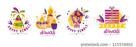 Happy Diwali Logo and Label Bright Design Vector Set 125558802