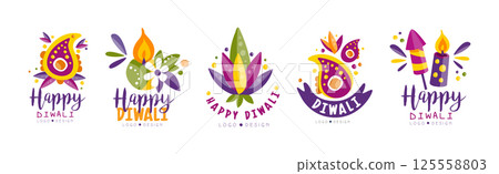 Happy Diwali Logo and Label Bright Design Vector Set Happy Diwali Logo and Label Bright Design Vector Set 125558803