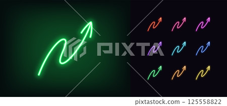 Outline neon winding arrow icon. Glowing neon hand drawn curve arrow icon, doodle line arrowhead. Wriggle arrow, hand drawn pointer, serpentine navigation, move direction. Vector icon set Outline neon winding arrow icon. Glowing neon hand drawn curve arrow icon, doodle line arrowhead. Wriggle arrow, hand drawn pointer, serpentine navigation, move direction. Vector icon set 125558822