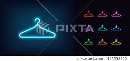 Outline neon clothes hanger icon. Glowing neon cloth hanger with hook, wardrobe icon. Fitting room in shop, coat hanger, clothes rack, fashion house, dressing room, cloakroom closet. Vector icon set Outline neon clothes hanger icon. Glowing neon cloth hanger with hook, wardrobe icon. Fitting room in shop, coat hanger, clothes rack, fashion house, dressing room, cloakroom closet. Vector icon set 125558823
