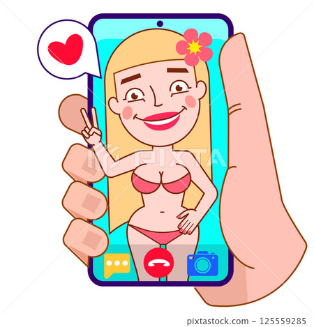 Video call concept. Video call with loved one. Male hand holding smartphone with girlfriend on screen. Finger touch screen. Vector flat cartoon illustration for web sites and banners Video call concept. Video call with loved one. Male hand holding smartphone with girlfriend on screen. Finger touch screen. Vector flat cartoon illustration for web sites and banners 125559285