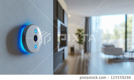Security system indoors in a smart home with light living room interior. Modern technologies for property. Automatic system. Internet of things. This is AI-generated item 125559298