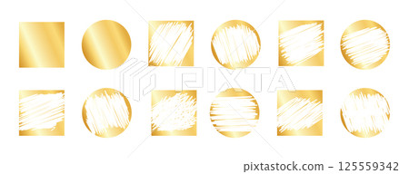 Card lottery scratch on golden shiny badges - gritty speckled spotted halftone round icons. Damaged stained aged border peeling frames. Monochrome faded weathered surface badge designs. 125559342