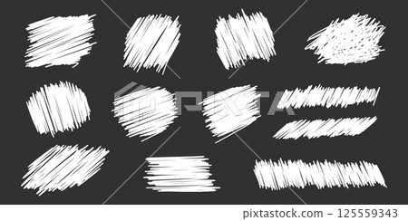 Lottery scratch card graphic elements - hand drawn pencil strokes scratchy fragments. White doodled messy irregular patterns smudged. Rough blotchy geometric edges scraping texture. 125559343