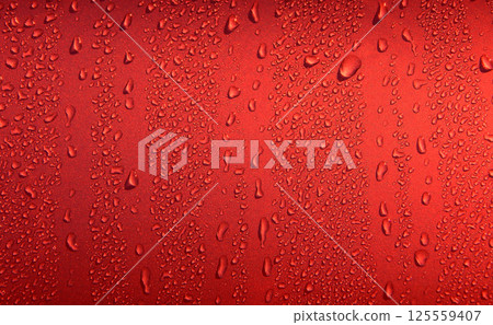 Liquid Drops On Glance Intense Red Surface. Stock Photo For Red Droplets Background Liquid Drops On Glance Intense Red Surface. Stock Photo For Red Droplets Background 125559407