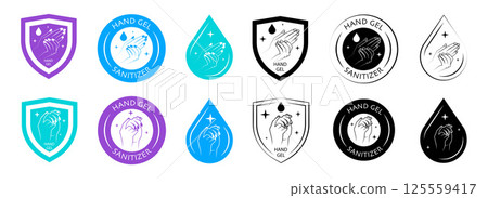 Hand Gel Sanitizer Badge and Icon Set. Shield, Hand, and Drop Logos in Line and Silhouette Hand Gel Sanitizer Badge and Icon Set. Shield, Hand, and Drop Logos in Line and Silhouette 125559417