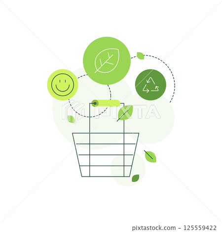 Shopping basket with green eco signs. Eco-friendly shopping 125559422