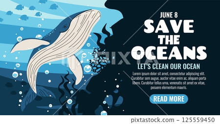 World Oceans Day Horizontal Banner. Majestic Whale and Coral Reefs. Protect Our Marine Giants. Conservation Design for Websites, Social Media and Print. World Oceans Day Horizontal Banner. Majestic Whale and Coral Reefs. Protect Our Marine Giants. Conservation Design for Websites, Social Media and Print. 125559450