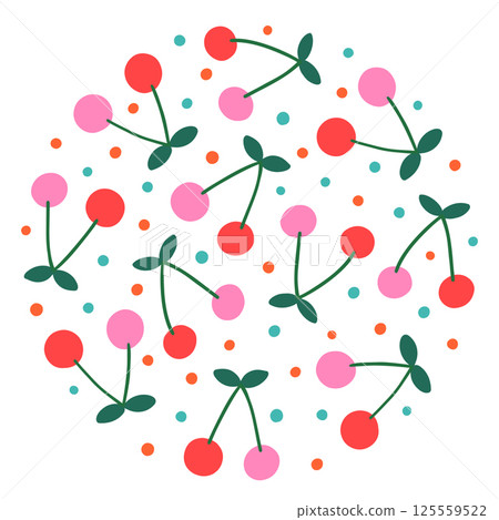 Cute vector cherry circle shape with dots, summer fruit illustration background for food packaging designs, jam labels 125559522