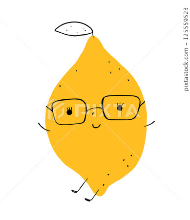 Cute hand drawn cartoon doodle lemon with eyeglasses, vector kawaii retro character with face, eyes hands and feet, summer citrus fruit design for kids nursery, menu and labels 125559523