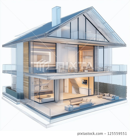 Modern glass-fronted house design merges elegance and comfort in a serene environment 125559551