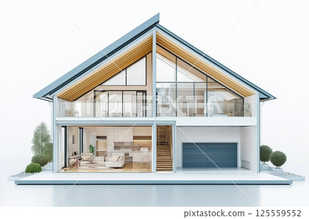 Modern glass-fronted house design merges elegance and comfort in a serene environment Modern glass-fronted house design merges elegance and comfort in a serene environment 125559552