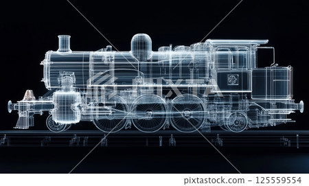 3D model of a vintage steam locomotive in a transparent style showcasing internal components 125559554