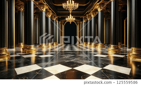 Elegantly designed palace black hall with marble floor and golden columns 125559586