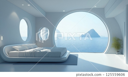 Modern bedroom with panoramic sea view 125559606