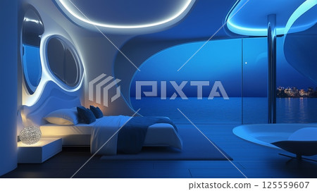 Cozy bedroom with stunning ocean view and moonlight illuminating the serene atmosphere at night Cozy bedroom with stunning ocean view and moonlight illuminating the serene atmosphere at night 125559607