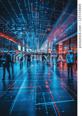 Futuristic digital metropolis with blurred figures and neon lights in technological urban landscape Futuristic digital metropolis with blurred figures and neon lights in technological urban landscape 125559809