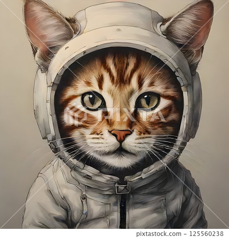 Tabby cat wearing astronaut spacesuit, peering beyond spaceship window with curious expression, embodying interstellar adventure and feline curiosity 125560238