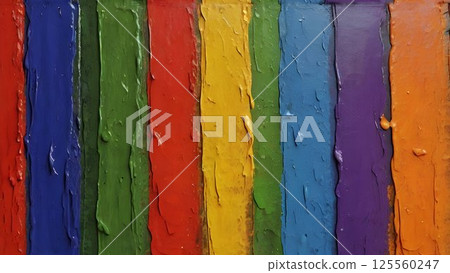 Impasto brushstrokes layering rainbow colors, creating textured striped pattern with vibrant visual depth and artistic energy 125560247