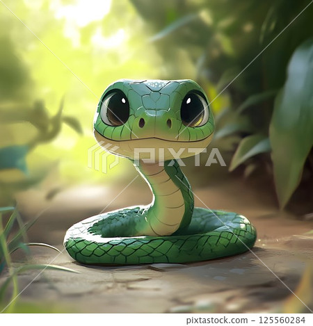 Vibrant green serpent curling on forest floor, wide-eyed and relaxing beneath verdant canopy with soft sunlight streaming through tropical foliage 125560284
