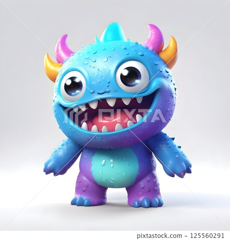 Furry blue cartoon monster grinning with big eyes, curved horns, displaying cheerful expression on light gray background, embodying playful, friendly character Furry blue cartoon monster grinning with big eyes, curved horns, displaying cheerful expression on light gray background, embodying playful, friendly character 125560291