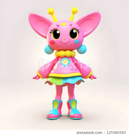 Friendly pink alien girl standing in vibrant outfit, large expressive eyes, stylish boots against minimalist background, full-length portrait 125560385