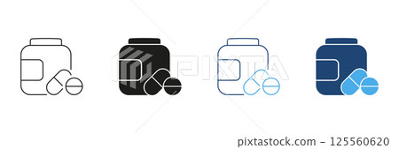 Bottle with Pills Line and Silhouette Icon Set. Dietary Supplements and Vitamins in Pill Form for Health and Wellness. Healthy Nutrition. Editable Stroke. Isolated Vector Illustration 125560620