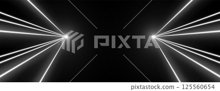 Laser rays or beams, glowing neon lines, bright futuristic background. 125560654