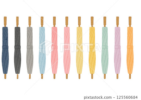 Set of closed elongated watercolor umbrellas (blue, black, gray, light blue, pink, yellow, mint, purple, orange) Illustration material (miscellaneous 125560684