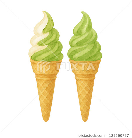 抹茶冰淇淋和混合冰淇淋(糖果和食品材料)的水彩插圖 抹茶冰淇淋和混合冰淇淋(糖果和食品材料)的水彩插圖 125560727