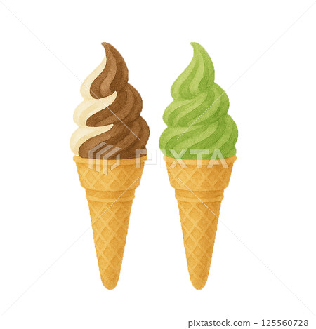 Watercolor illustration of chocolate vanilla mix soft serve and matcha soft serve (sweets and food materials) 125560728