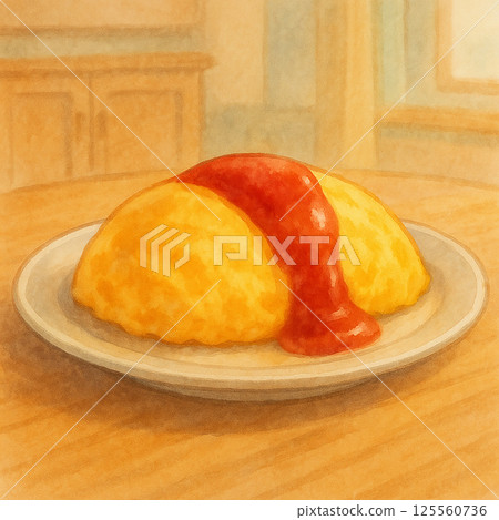 Watercolor illustration of ketchup omurice (Western food, food ingredients, indoor background included) Watercolor illustration of ketchup omurice (Western food, food ingredients, indoor background included) 125560736