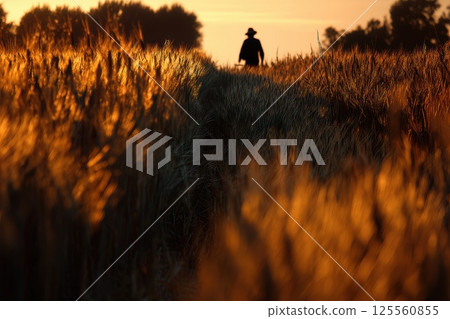 Farmer in Silhouette Walking Through Wheat Field at Sunrise for Rural Agriculture Theme 125560855