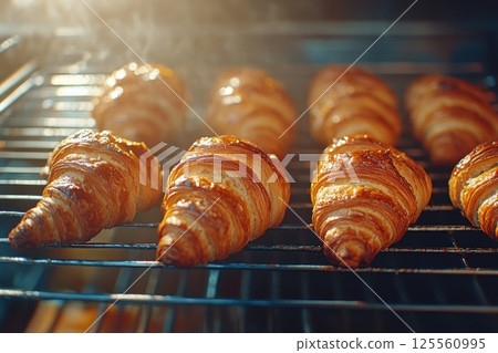 Freshly baked croissants cooling on a rack in a warm kitchen environment 125560995