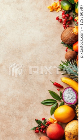Shopping bag contour design featuring exotic fruits and tropical leaves on textured background 125560997
