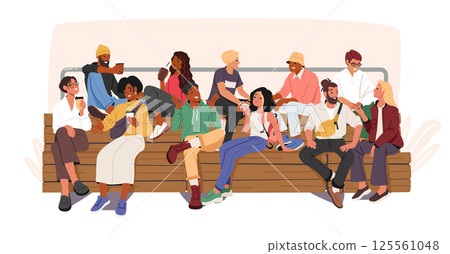 Happy young people relaxing outdoors sitting on wooden park bench isolated on white background Happy young people relaxing outdoors sitting on wooden park bench isolated on white background 125561048