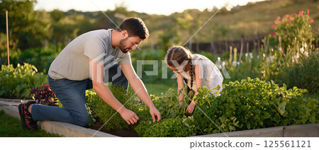 Girl with her father tending the vegetable garden in their backyard.Copy space 125561121
