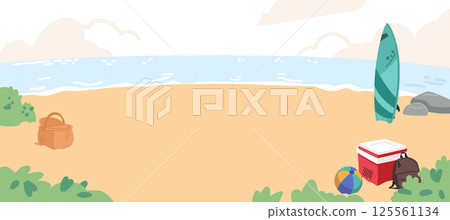 Sandy beach at seashore cartoon scene with accessories for picnic and rest with friends on weekend 125561134